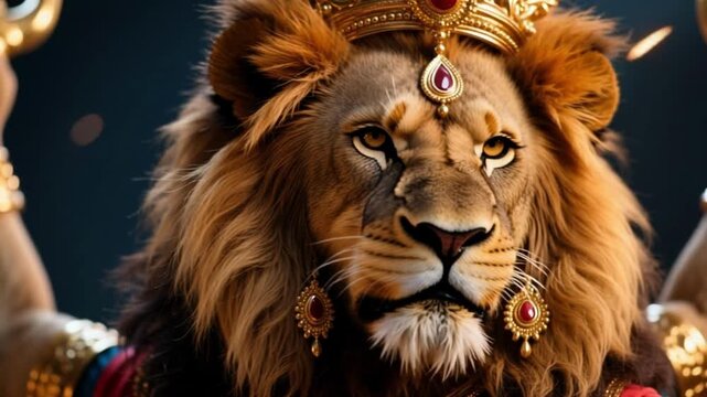 Majestic close up face of Goddess Durga symbolizing victory and pride with a lion presence background, fearless energy and divine power slow motion 4K video.