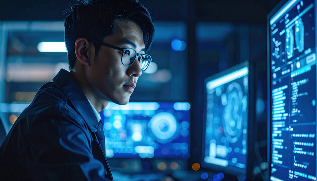 Tech Visionary at Work: An intelligent individual immersed in the world of technology, analyzing complex data displayed on multiple monitors, bathed in a futuristic blue glow. - Powered by Adobe