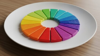 Fototapeta premium A color wheel made of painted wooden blocks forms a circle on a white plate atop a wood surface