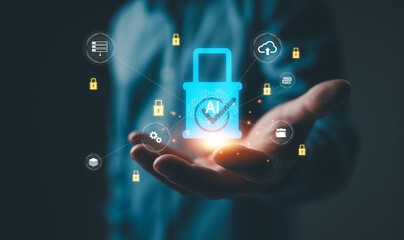 Artificial intelligence data protection and cybersecurity concept. Secure AI technology system, encrypted cloud storage, and privacy management in digital network innovation.