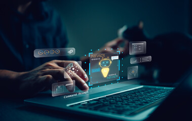 AI assistant concept showing virtual robot interface, data panels above laptop, representing human AI interaction, automation workflow, machine learning, productivity tools, smart digital technology.
