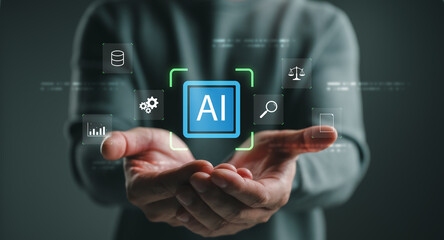 Artificial intelligence concept with AI interface icons, representing data analysis, automation, machine learning, digital transformation, business intelligence, smart technology.