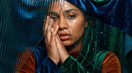 A woman with dewy skin poses, partially obscured by textured glass and shimmering reflections. She wears a plush velvet top, her hands gently framing her face in contemplation.