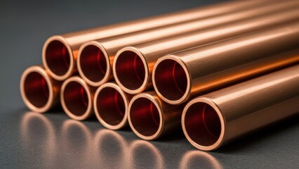 Fototapeta premium Polished copper pipes, tightly arranged with seamless curves, exhibit reflective surfaces on a dark background, highlighting precious metal materials