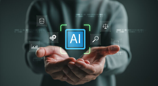 Artificial intelligence concept with AI interface icons, representing data analysis, automation, machine learning, digital transformation, business intelligence, smart technology. - Powered by Adobe