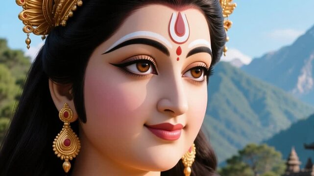Gentle close up face of Goddess Parvati with loving eyes and a calm aura, isolated against a mountain temple background, spiritual hindu deity slow motion 4K video.