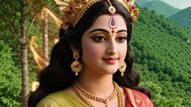 Nurturing close up face of Goddess Parvati representing mother earth calm, isolated against a green valley background, spiritual nature slow motion 4K video footage.
