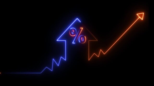 Neon home icon with up arrow lightning bolt sign animation on black background. Business up indicator icon motion. Glowing home business graph icon 4k video footage.