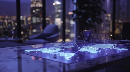 Interactive holographic display on a table in a modern office with city skyline at night