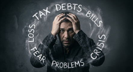 Stressed person surrounded by words related to debt, bills, crisis, and financial problems, representing money stress, economic hardship, mental pressure, personal finance struggles, debt management, 