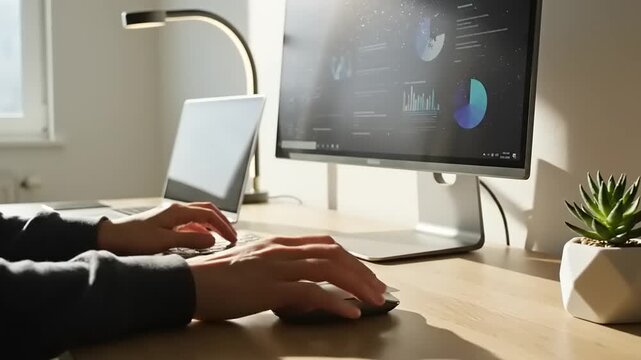 Hands using computer mouse and keyboard at desk near window