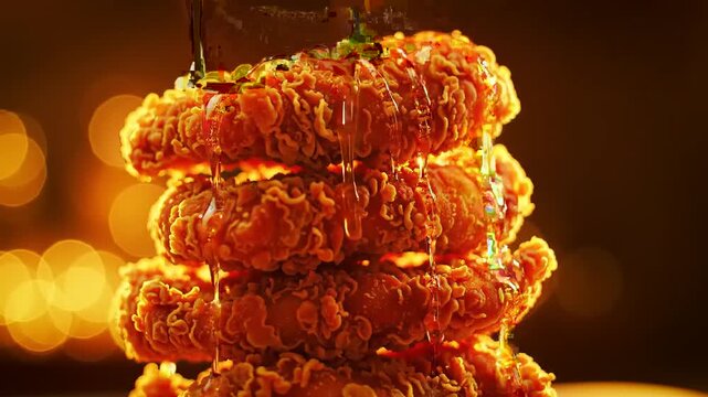Honey drizzling over stacked fried chicken.