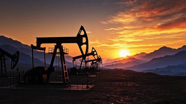 Oil pumps at sunset in mountainous terrain