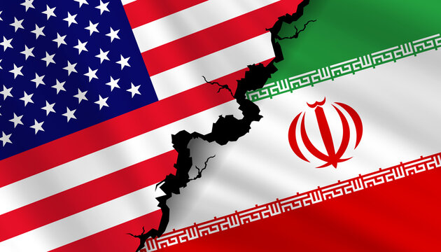 The image depicts the American flag dramatically tearing apart to reveal the Iranian flag beneath, symbolizing geopolitical tension or conflict. Realistic fabric rips and folds create a dynamic.