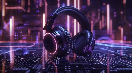 Futuristic headphones with glowing accents on a digital circuit background