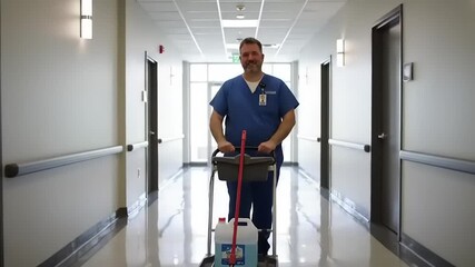 Hospital worker cleaning hallway smiling.