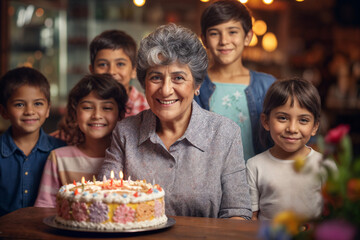 Fototapeta premium Elderly Hispanic woman celebrating birthday with grandchildren