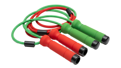 Pair of red and green jump ropes with black handles and tips on white background for fitness and exercise