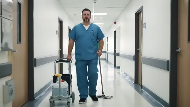 Hospital worker cleaning hallway floor.