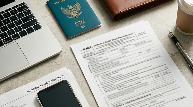 Tax forms and financial documents arranged on a desk alongside a passport, representing international taxation, personal finance, and official financial reporting.