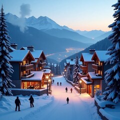 Cozy Alpine Village at Dusk: A Serene Winter Wonderland