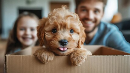 Puppy joy with family in a living room on a sunny day