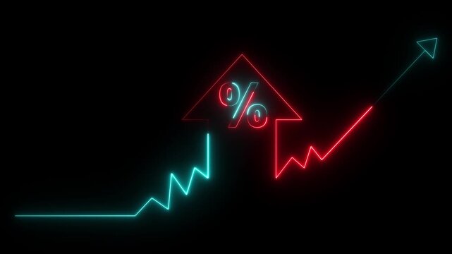 Neon home icon with up arrow lightning bolt sign animation on black background. Business up indicator icon motion. Glowing home business graph icon 4k video footage.