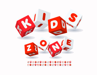 Vector Bright logo Kids Zone. Funny 3D Font for Logo Design and Branding. Children Block Alphabet Letters and Numbers set