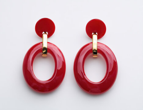 Pendientes rojos ovalados en forma de aro con apliques dorados sobre fondo blanco. Accesorios flamencos para vestidos regionales y fiestas de la cultura andaluza en Espa&ntilde;a