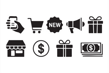 Retail marketing symbol pack with cart, gift, megaphone silhouettes