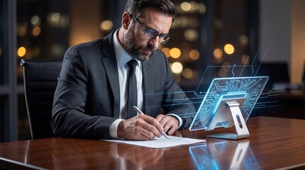 Focused businessman signs document at night in a modern office with futuristic technology a glowing circuit board tablet casts a blue light
