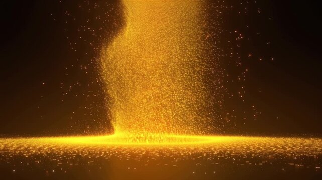 cinematic abstract golden glitter explosion slow motion, particles bursting outward freezing mid air, floating luxury gold dust, glowing bokeh lights background, deep black cinematic backdrop, volumet