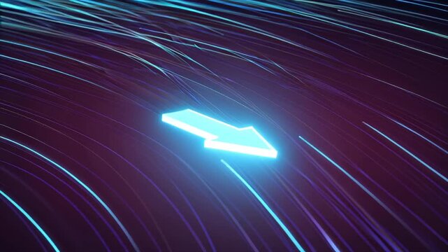 Cinematic 4K abstract tunnel, glowing blue arrow racing forward, electric lightning streaks, neon particles exploding, energy pulses reacting arrow, dark futuristic environment, dynamic lighting