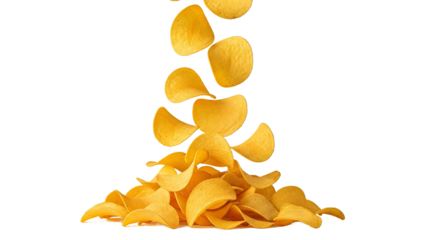 Delicious potato chips falling down in mid air on white background