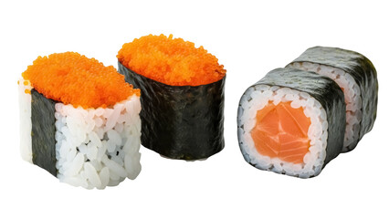 Delicious sushi assortment isolated PNG, featuring tobiko gunkan and salmon maki on transparent background, Japanese cuisine delicacy