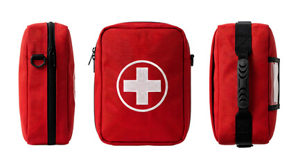 Red First Aid Medical Kit Bag with White Cross Symbol Isolated on White Background Three Perspective Views