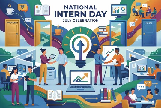 Diverse interns collaborating in a vibrant office for National Intern Day celebration