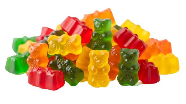 Colorful gummy bears pile on white background for candy lovers and sweet treats