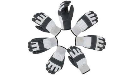 Collection of black and white work gloves arranged in a circular pattern on white background