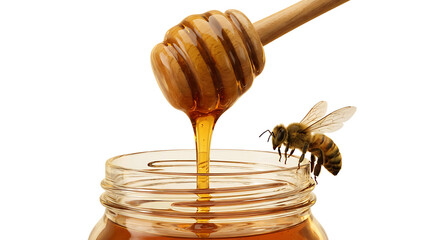 Pure Golden Honey Dripping from Wooden Dipper into Glass Jar with Honeybee Isolated on White Background
