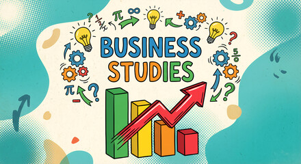 Business studies concept with colorful icons and upward growth chart, representing education, entrepreneurship, financial learning, corporate training, economic development, startup mindset, and strat