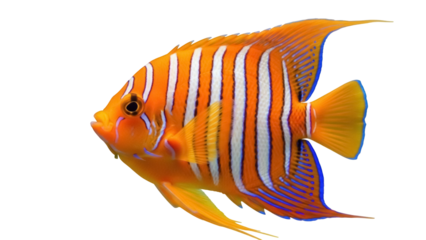 Regal angelfish isolated PNG on transparent background, colorful marine fish with orange and white stripes for aquarium and underwater life concepts