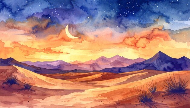 Watercolor desert panorama landscape at dusk with moon
