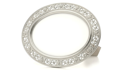 An elegant oval silver picture frame with intricate decorative patterns and a stand, isolated on a white background.