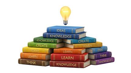 Knowledge and Idea Concept Stack of Colorful Books with Glowing Lightbulb Isolated on White Background for Education