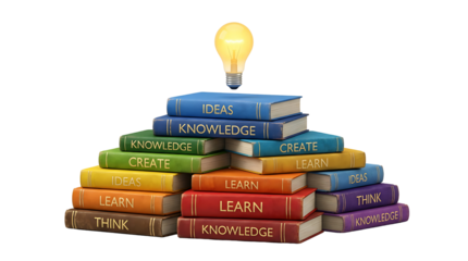 Knowledge and Idea Concept Stack of Colorful Books with Glowing Lightbulb Isolated on White Background for Education
