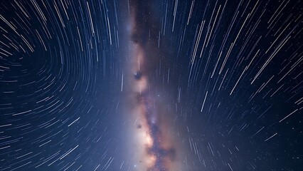 Fototapeta premium milkyway. Star trails converging into a radiant point, piercing through the Milky Way in long exposure. travel magazines, destination branding, designed for outdoor magazines and nature guides. 