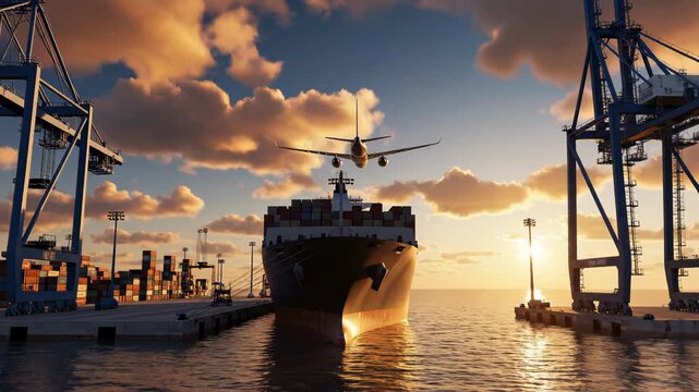 Large container ship navigating a harbor at sunset with an airplane flying overhead. Global trade and logistics concept involving maritime and air freight. 3D animation of a busy port
