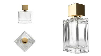 Luxury Clear Glass Perfume Bottle with Gold Cap Mockup Isolated on White Background Three Perspective Views
