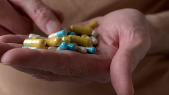 Hand holds mixed capsules and tablets, highlighting supplement overdose risk and confusion between vitamins and medicine.